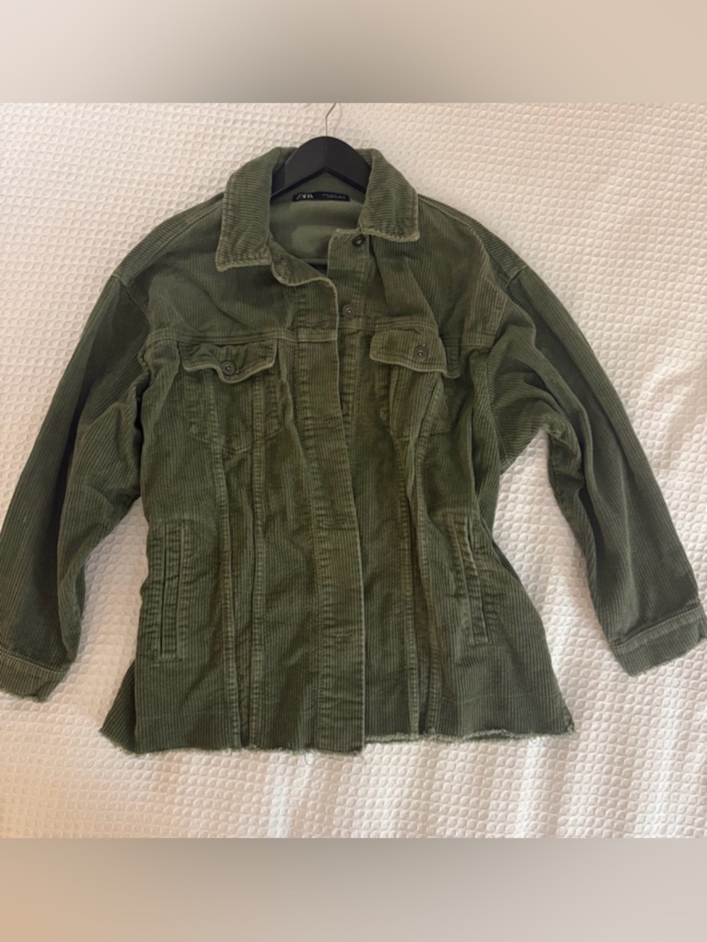 Zara Oversized Sage Green Corduroy Fringed Hem Utility Jacket - Medium